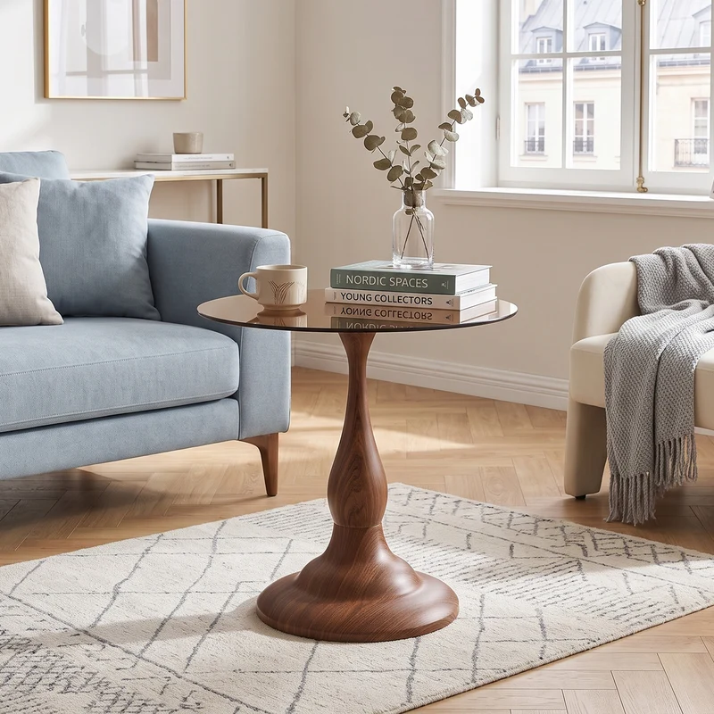 Table d’appoint ronde en verre teinté style moderne, pieds effet bois noyer PINEPLUS