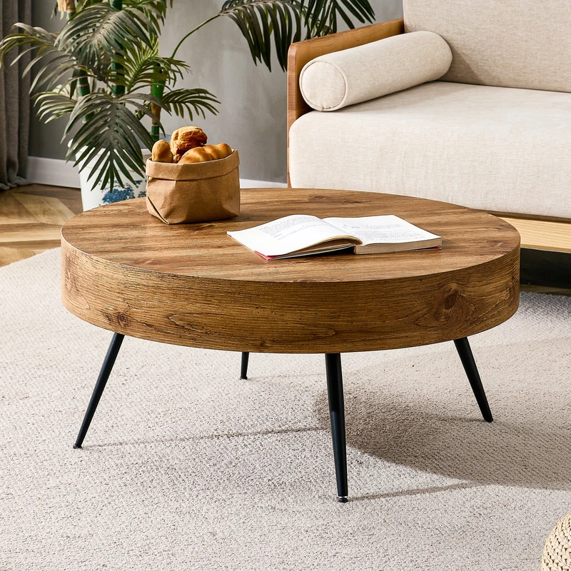 Table basse ronde effet bois, style industriel, pieds métal noir Ø70 cm PINEDIVIDER