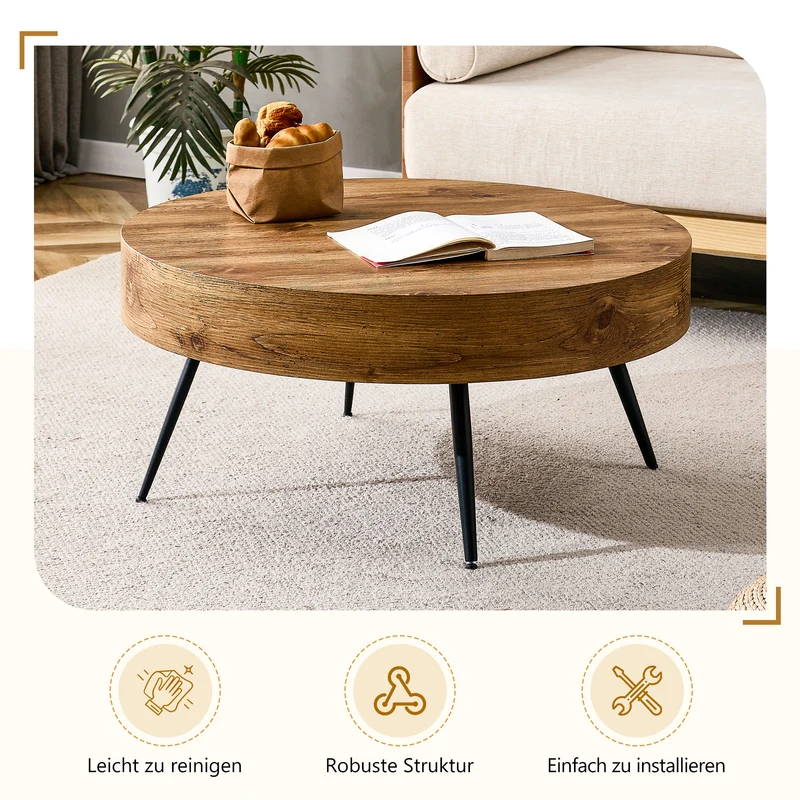 Table basse ronde effet bois, style industriel, pieds métal noir Ø70 cm PINEDIVIDER