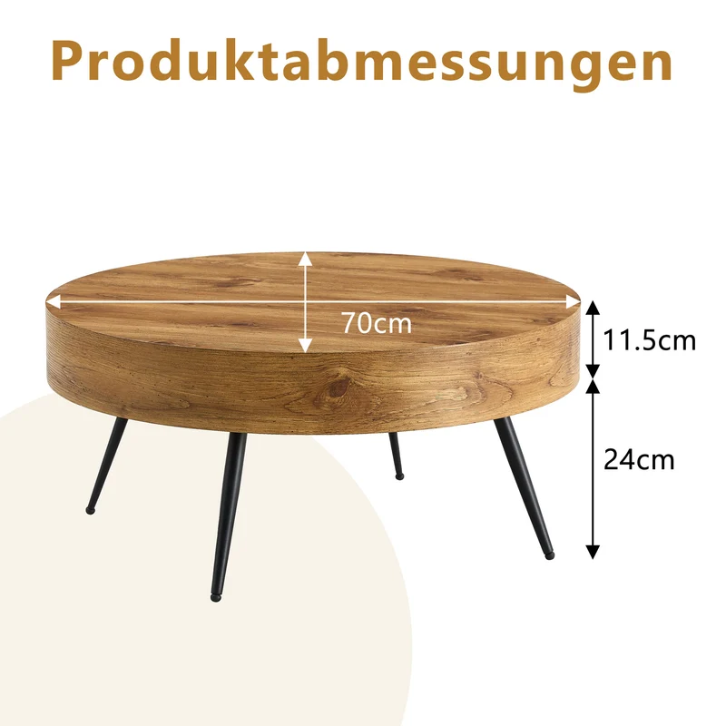 Table basse ronde effet bois, style industriel, pieds métal noir Ø70 cm PINEDIVIDER