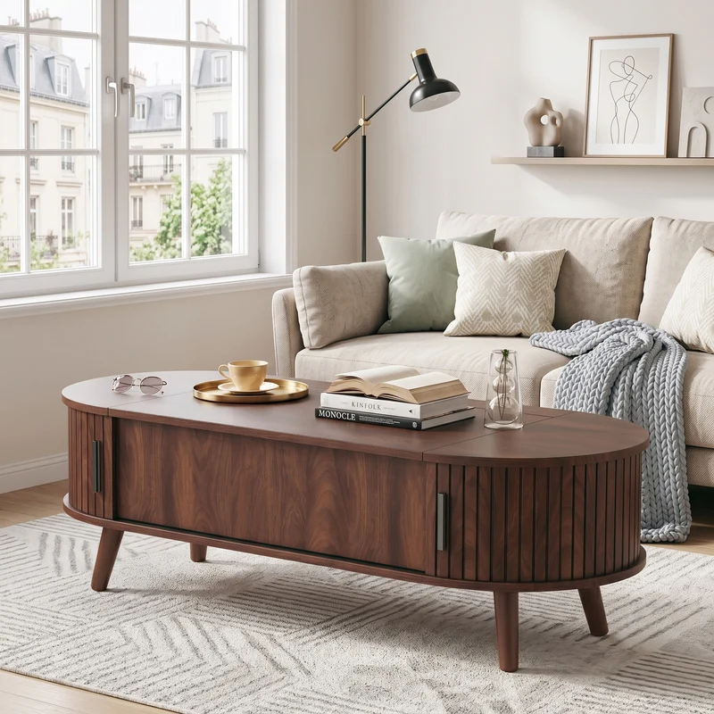 Table basse relevable effet noyer design à lattes 120x50cm MODERNLINE