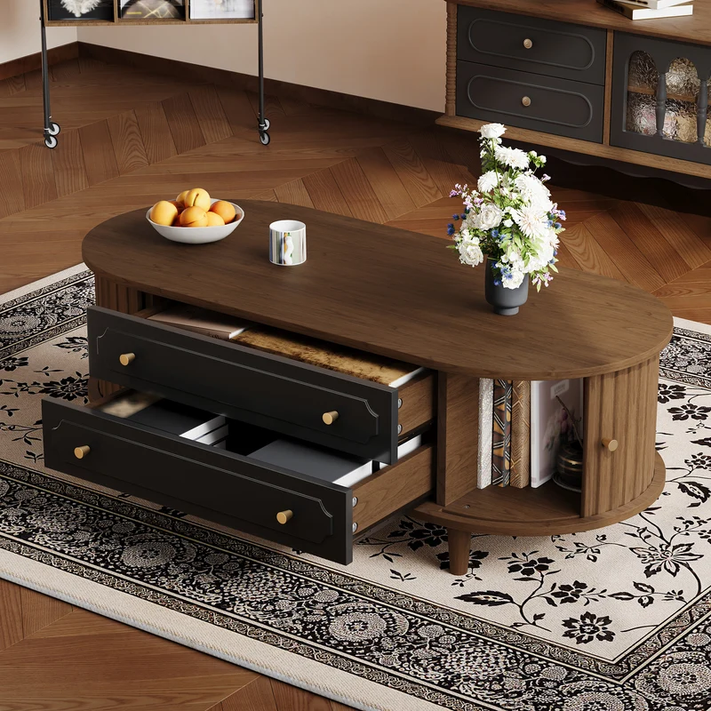 Table basse effet noyer et noir avec tiroirs, style rétro 100x50x36cm MODERNSIDEBOARDART