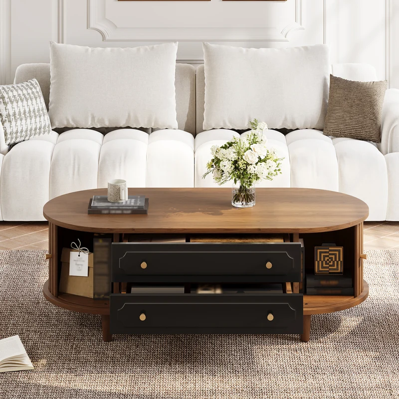 Table basse effet noyer et noir avec tiroirs, style rétro 100x50x36cm MODERNSIDEBOARDART