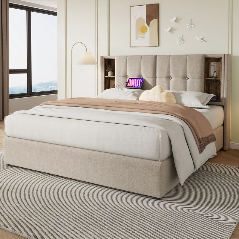 Lit coffre king size en lin beige capitonné avec rangement, chargement sans fil et prises USB&C 180x200cm CHROMEOTTOMAN