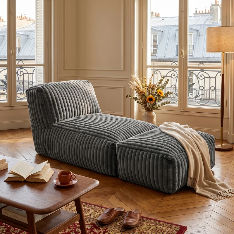 Méridienne capitonnée en flanelle gris foncé, chaise longue convertible sans montage 160x80x66cm CLASSICBENCHART
