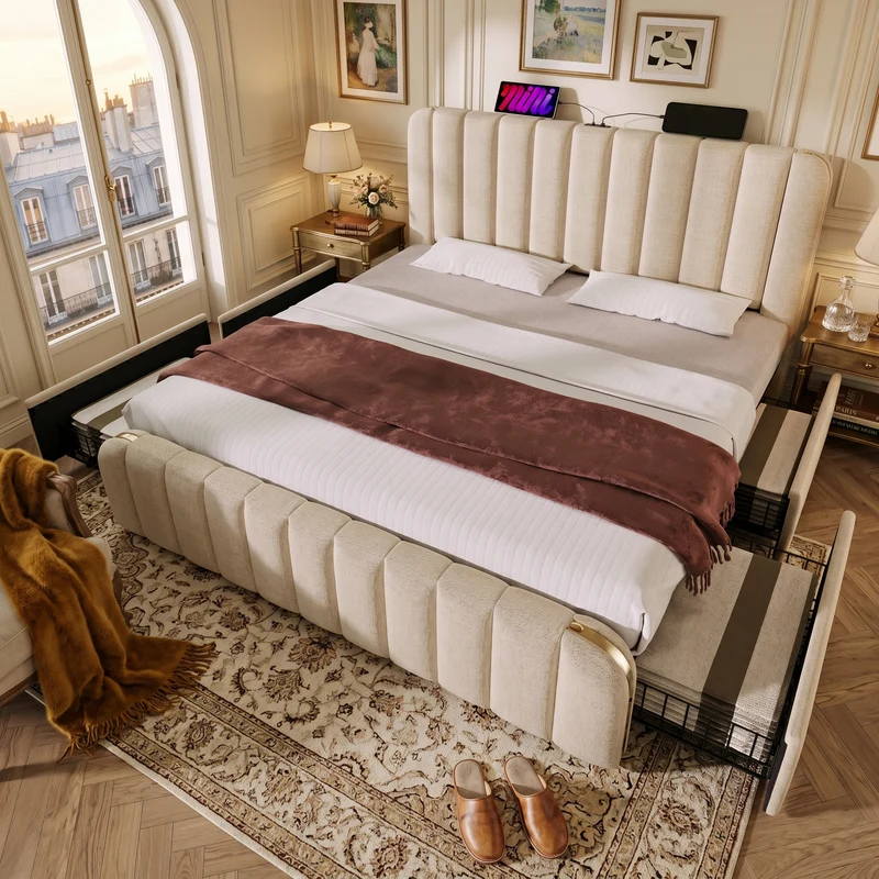 Lit double en lin beige avec tête de lit rembourrée, bandes dorées, 4 tiroirs et ports USB BIRCHBASKET
