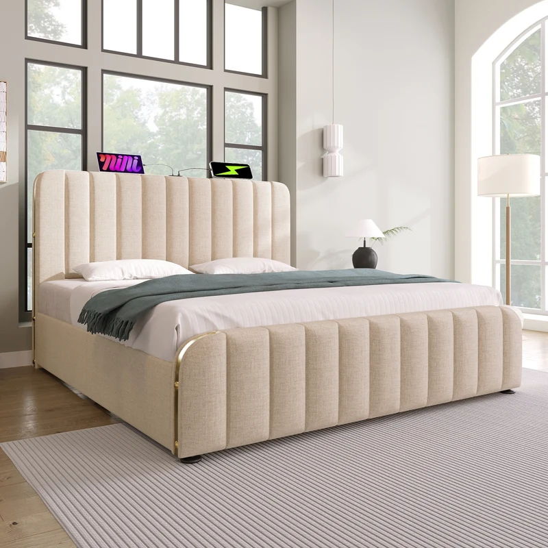 Lit double en lin beige avec tête de lit rembourrée, bandes dorées, 4 tiroirs et ports USB BIRCHBASKET