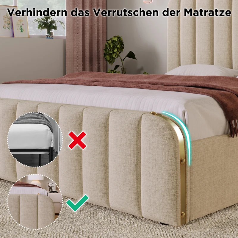 Lit double en lin beige avec tête de lit rembourrée, bandes dorées, 4 tiroirs et ports USB BIRCHBASKET