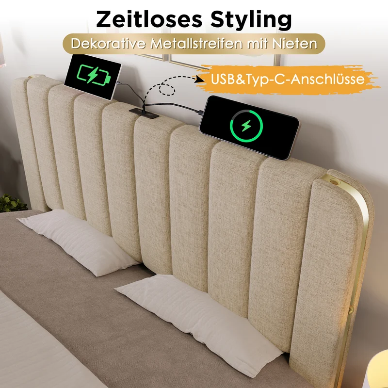 Lit double en lin beige avec tête de lit rembourrée, bandes dorées, 4 tiroirs et ports USB BIRCHBASKET