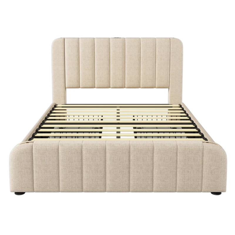 Lit double en lin beige avec tête de lit rembourrée, bandes dorées, 4 tiroirs et ports USB BIRCHBASKET
