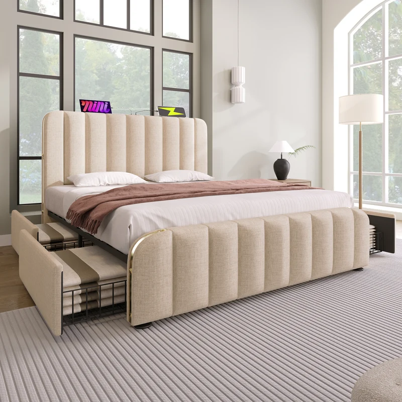 Lit double en lin beige avec tête de lit rembourrée, bandes dorées, 4 tiroirs et ports USB BIRCHBASKET