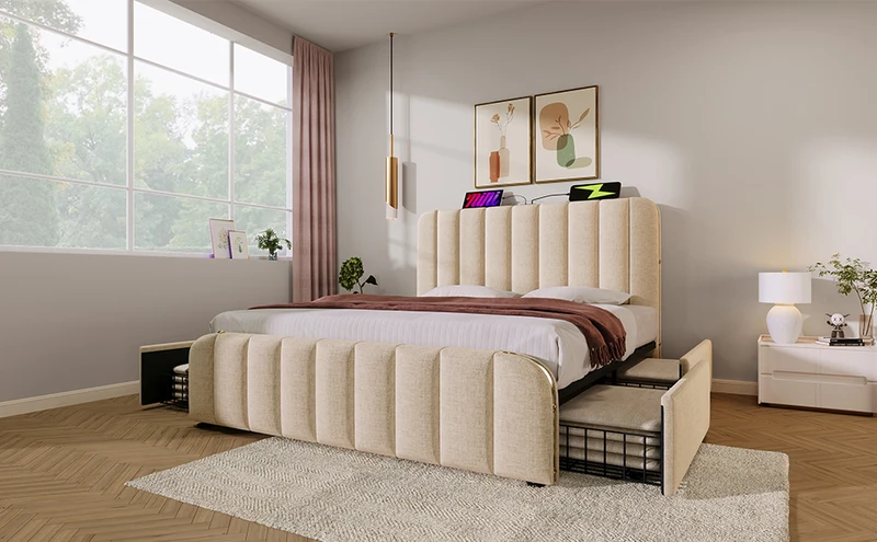 Lit double en lin beige avec tête de lit rembourrée, bandes dorées, 4 tiroirs et ports USB BIRCHBASKET