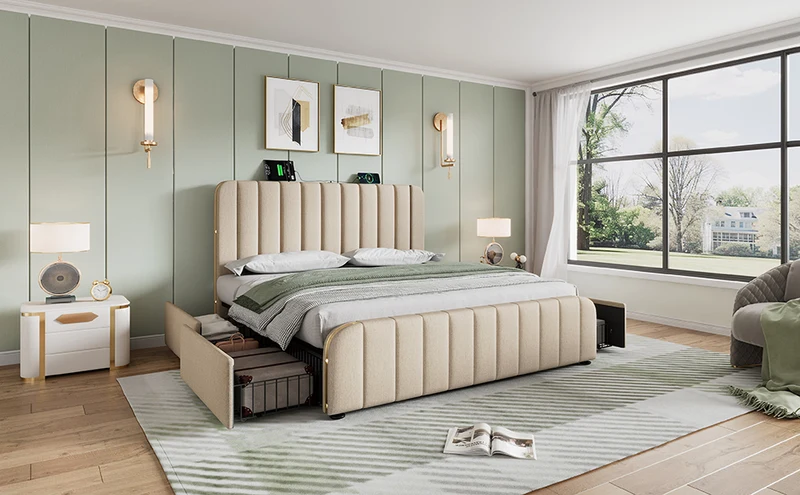 Lit double en lin beige avec tête de lit rembourrée, bandes dorées, 4 tiroirs et ports USB BIRCHBASKET