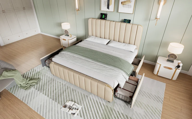Lit double en lin beige avec tête de lit rembourrée, bandes dorées, 4 tiroirs et ports USB BIRCHBASKET