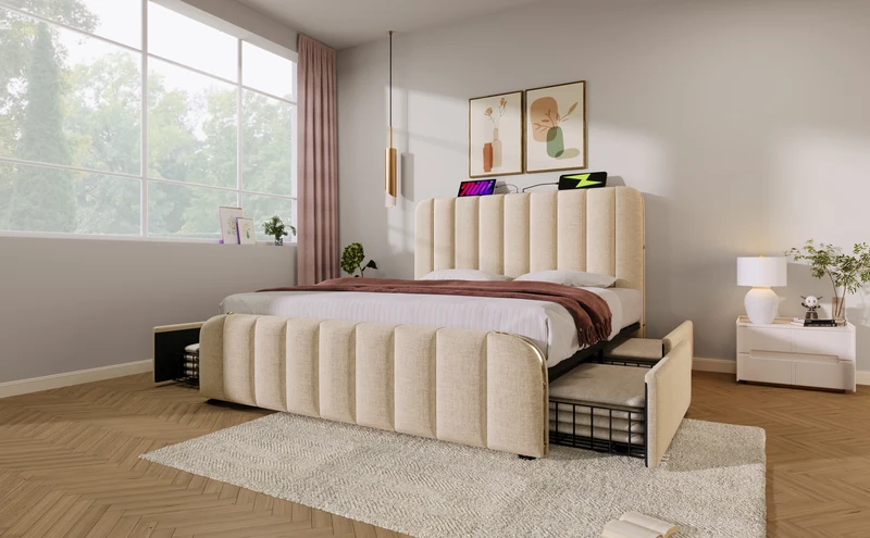 Lit double en lin beige avec tête de lit rembourrée, bandes dorées, 4 tiroirs et ports USB BIRCHBASKET