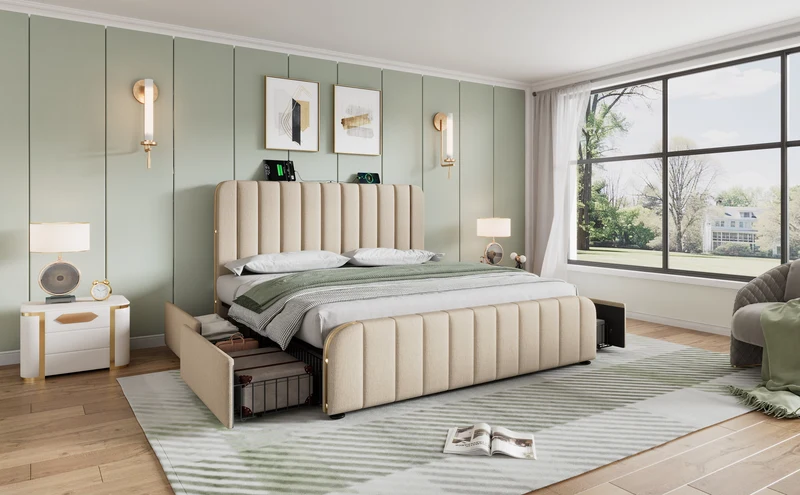 Lit double en lin beige avec tête de lit rembourrée, bandes dorées, 4 tiroirs et ports USB BIRCHBASKET