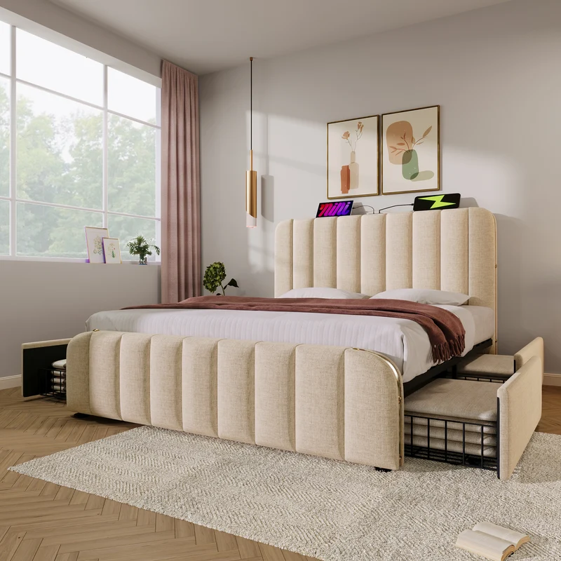 Lit double en lin beige avec tête de lit rembourrée, bandes dorées, 4 tiroirs et ports USB BIRCHBASKET