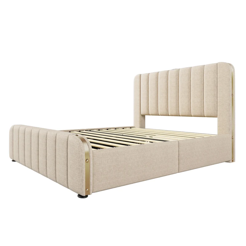 Lit double en lin beige avec tête de lit rembourrée, bandes dorées, 4 tiroirs et ports USB BIRCHBASKET