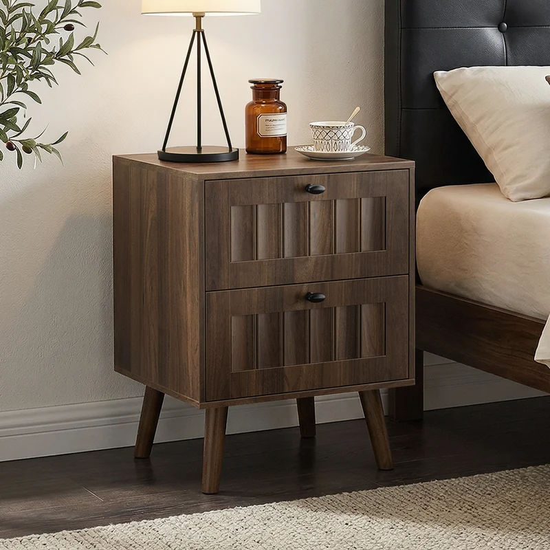 Table de chevet effet noyer design côtelé 2 tiroirs, 1 pièce BIRCHVANITY