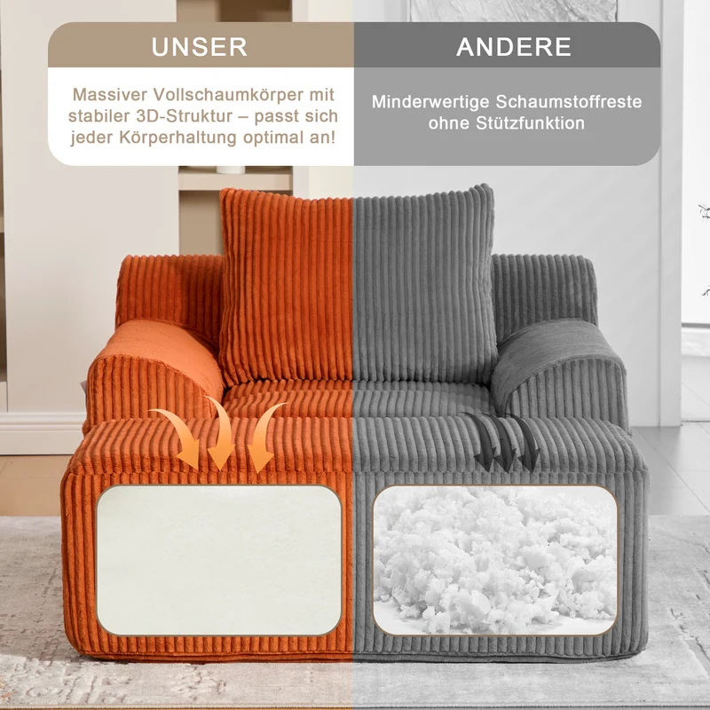 Canapé simple fauteuil XXL en velours côtelé orange, dossier profond, repose pied, coussin & poches latérales, sans montage NEBKHAMOUND