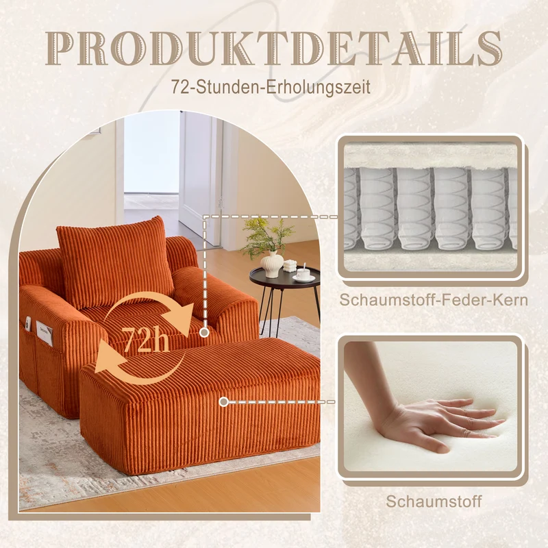 Canapé simple fauteuil XXL en velours côtelé orange, dossier profond, repose pied, coussin & poches latérales, sans montage NEBKHAMOUND