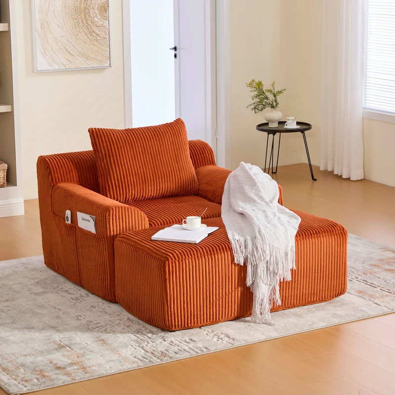 Canapé simple fauteuil XXL en velours côtelé orange, dossier profond, repose pied, coussin & poches latérales, sans montage NEBKHAMOUND