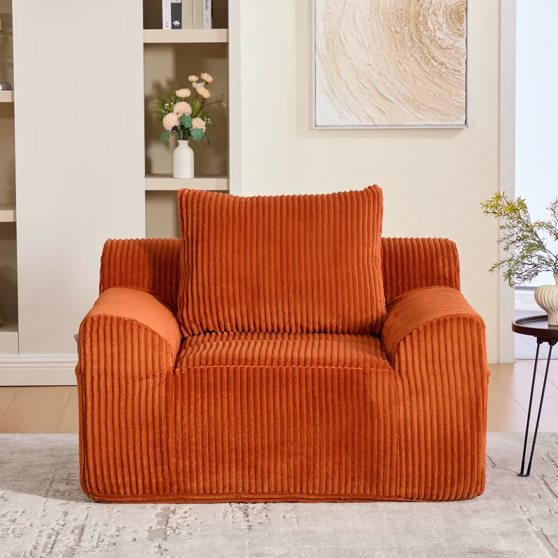 Canapé simple fauteuil XXL en velours côtelé orange, dossier profond, repose pied, coussin & poches latérales, sans montage NEBKHAMOUND