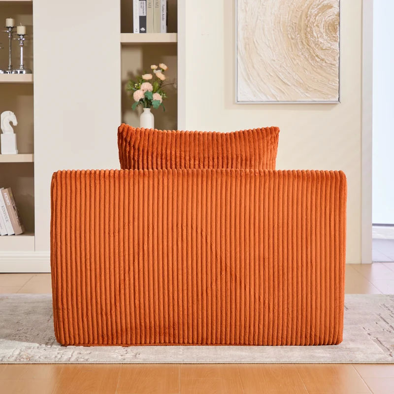 Canapé simple fauteuil XXL en velours côtelé orange, dossier profond, repose pied, coussin & poches latérales, sans montage NEBKHAMOUND