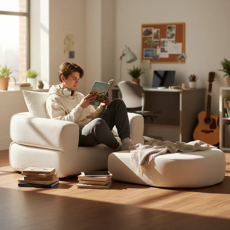 Canapé fauteuil convertible 2-en-1 matelas de sol modulable en chenille blanc avec oreiller intégré SUGARSECRET