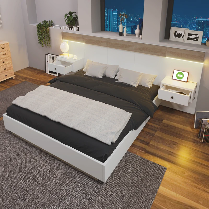 Ensemble de lit queen blanc et effet bois avec 2 tables de chevet, prise et lamps 160*200cm (matelas non inclus) CATALYST