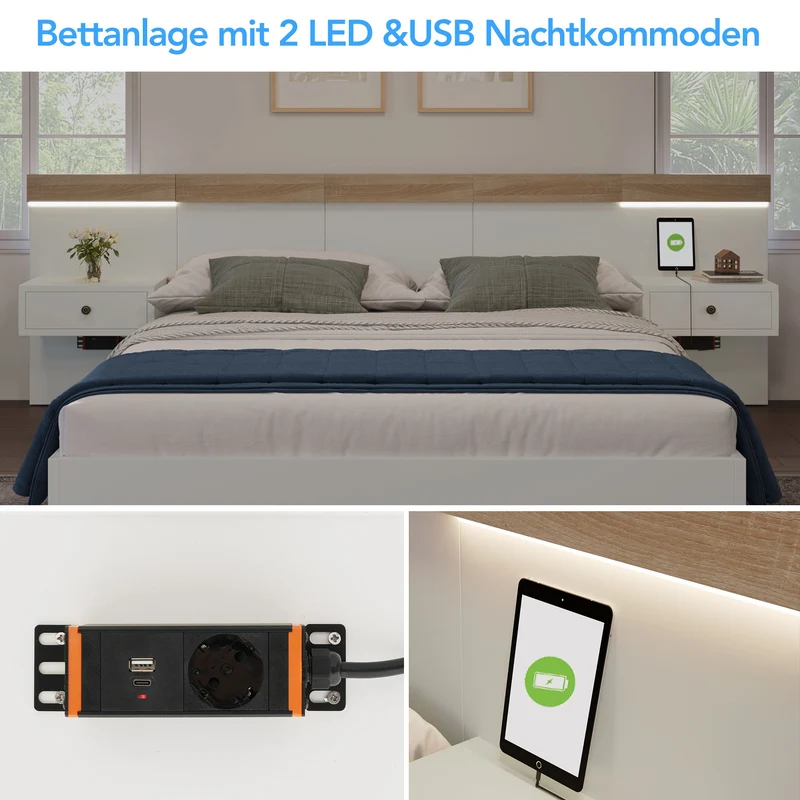 Ensemble de lit queen blanc et effet bois avec 2 tables de chevet, prise et lamps 160*200cm (matelas non inclus) CATALYST