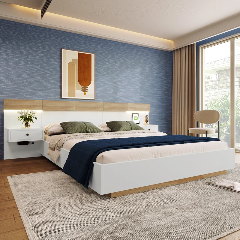 Ensemble de lit queen blanc et effet bois avec 2 tables de chevet, prise et lamps 160*200cm (matelas non inclus) CATALYST