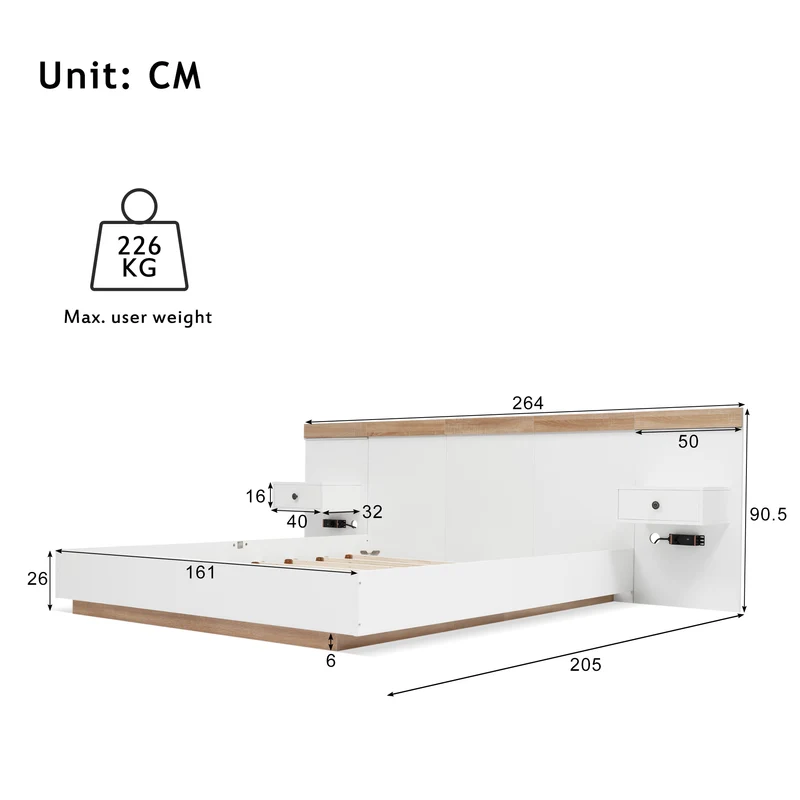Ensemble de lit queen blanc et effet bois avec 2 tables de chevet, prise et lamps 160*200cm (matelas non inclus) CATALYST