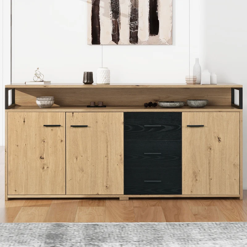 Buffet industriel effet bois avec 3 portes et 3 tiroirs rangement avec poignée métallique 150x35x75,9cm VAGNAD