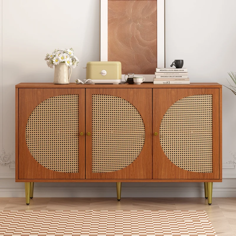 Buffet effet bois noyer avec 3 portes en rotin poignées pieds dorés 129,8x40x76cm OMOILL