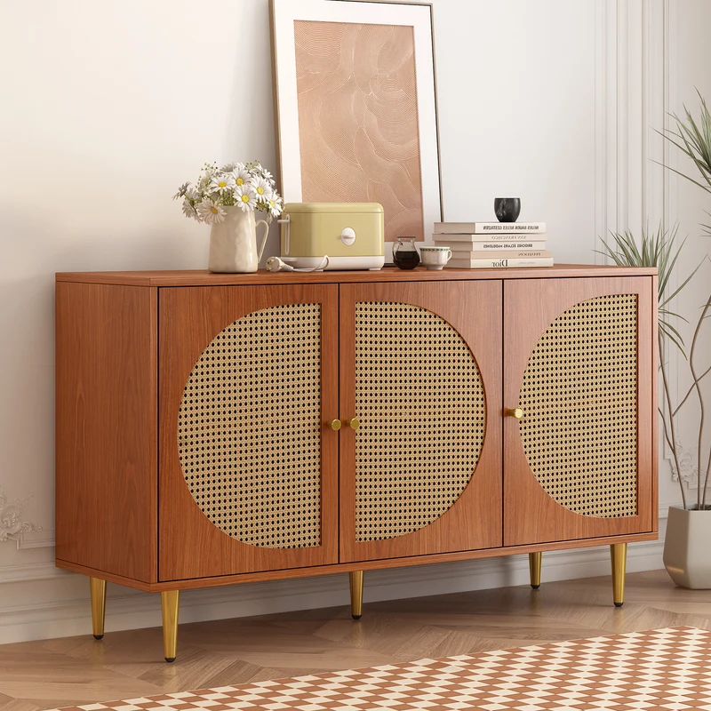Buffet effet bois noyer avec 3 portes en rotin poignées pieds dorés 129,8x40x76cm OMOILL