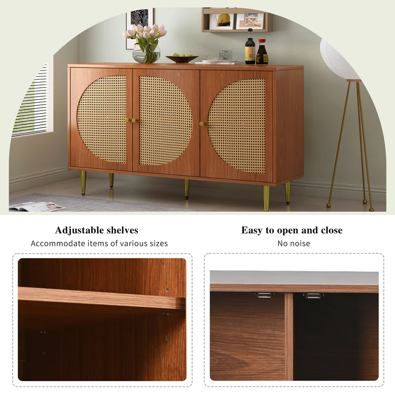 Buffet effet bois noyer avec 3 portes en rotin poignées pieds dorés 129,8x40x76cm OMOILL