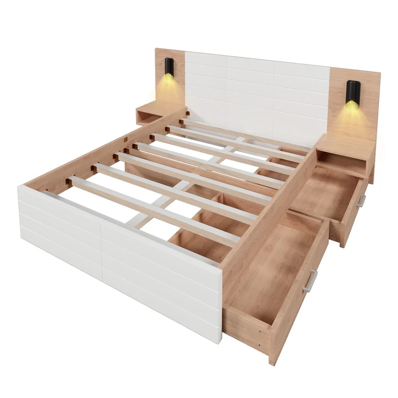 Lit double king effet bois avec 2 tiroirs lampe de lecture avec chargement USB chêne/blanc 180 x 200 cm (sans matelas) BIPHRAED