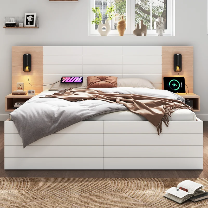 Lit double king effet bois avec 2 tiroirs lampe de lecture avec chargement USB chêne/blanc 180 x 200 cm (sans matelas) BIPHRAED