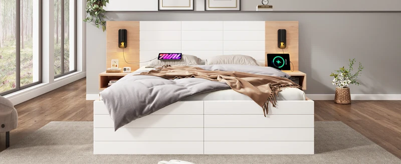 Lit double king effet bois avec 2 tiroirs lampe de lecture avec chargement USB chêne/blanc 180 x 200 cm (sans matelas) BIPHRAED