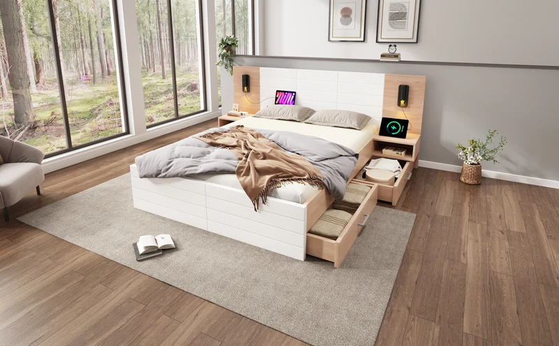 Lit double king effet bois avec 2 tiroirs lampe de lecture avec chargement USB chêne/blanc 180 x 200 cm (sans matelas) BIPHRAED