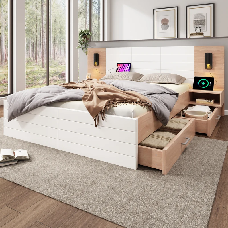 Lit double king effet bois avec 2 tiroirs lampe de lecture avec chargement USB chêne/blanc 180 x 200 cm (sans matelas) BIPHRAED