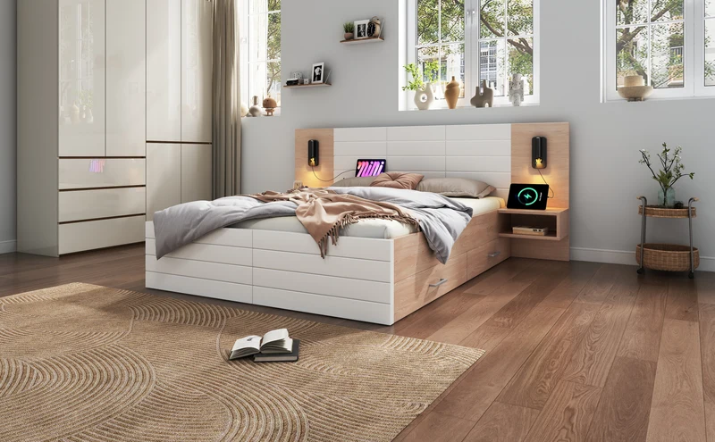 Lit double king effet bois avec 2 tiroirs lampe de lecture avec chargement USB chêne/blanc 180 x 200 cm (sans matelas) BIPHRAED