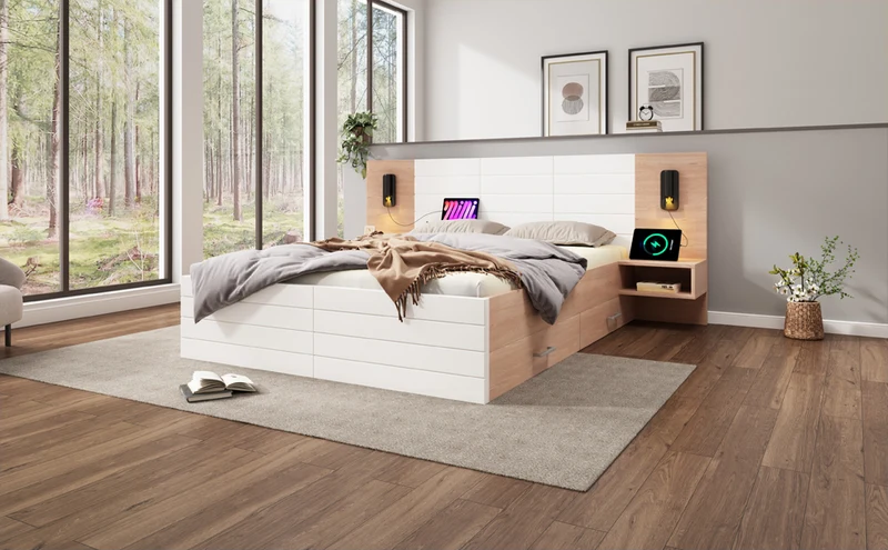 Lit double king effet bois avec 2 tiroirs lampe de lecture avec chargement USB chêne/blanc 180 x 200 cm (sans matelas) BIPHRAED
