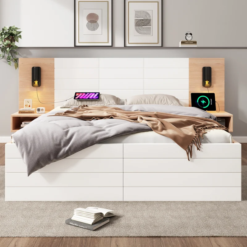 Lit double king effet bois avec 2 tiroirs lampe de lecture avec chargement USB chêne/blanc 180 x 200 cm (sans matelas) BIPHRAED