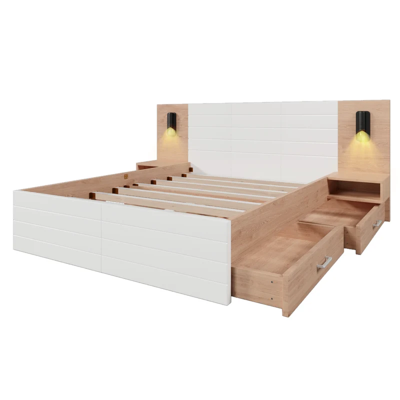 Lit double king effet bois avec 2 tiroirs lampe de lecture avec chargement USB chêne/blanc 180 x 200 cm (sans matelas) BIPHRAED