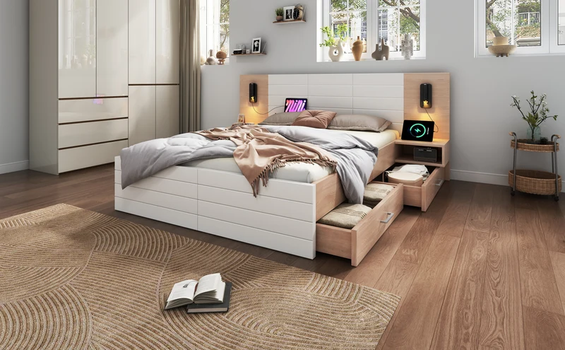 Lit double king effet bois avec 2 tiroirs lampe de lecture avec chargement USB chêne/blanc 180 x 200 cm (sans matelas) BIPHRAED