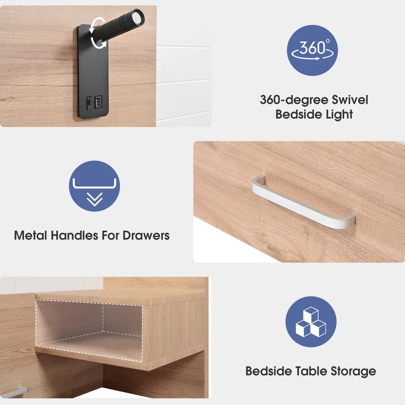 Lit double king effet bois avec 2 tiroirs lampe de lecture avec chargement USB chêne/blanc 180 x 200 cm (sans matelas) BIPHRAED