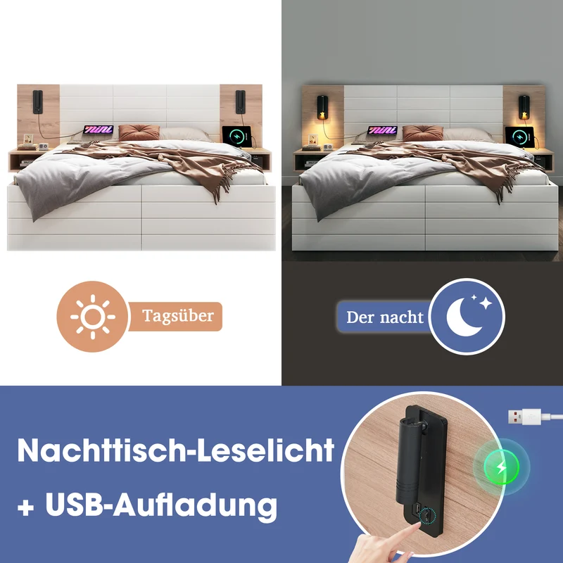 Lit double king effet bois avec 2 tiroirs lampe de lecture avec chargement USB chêne/blanc 180 x 200 cm (sans matelas) BIPHRAED