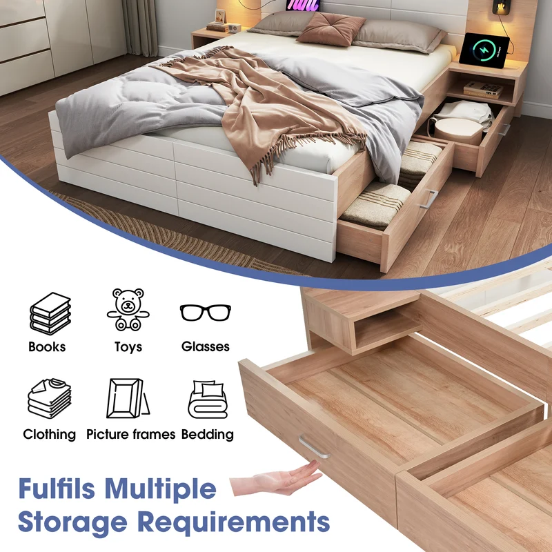 Lit double king effet bois avec 2 tiroirs lampe de lecture avec chargement USB chêne/blanc 180 x 200 cm (sans matelas) BIPHRAED